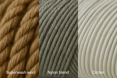 A triptych image showing close-ups of Superwash wool, a nylon blend yarn, and cotton yarn.